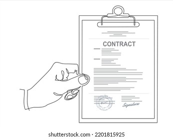 Continuous one line art or One Line Drawing of hand holding contract document.