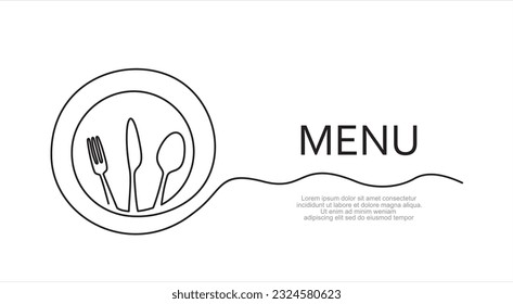 Continuous one line art or One Line Drawing of plate, knife and fork. Restaurant concept hand draw line art design vector illustration for cafe, shop or food delivery service