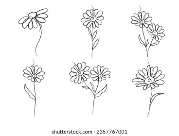 Continuous one line art drawing of beauty daisy flower, Hand drawn single line daisy flowers