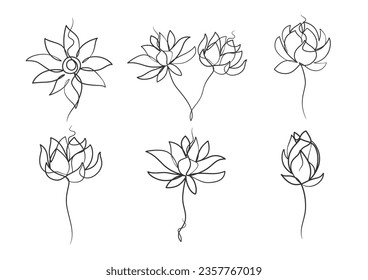 Continuous one line art drawing of beauty lotus flower, Hand drawn single line lotus flowers