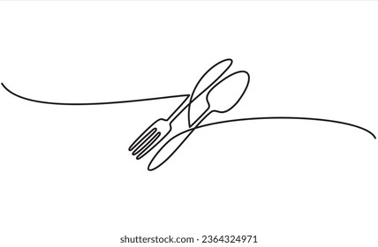 Continuous one line art or One Line Drawing of spoon and fork. Restaurant concept hand draw line art design vector illustration for cafe, shop or food delivery service