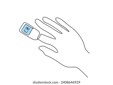 Continuous one line art drawing. Hand with pulse oximeter on finger. Digital device to measure oxygen saturation in human.