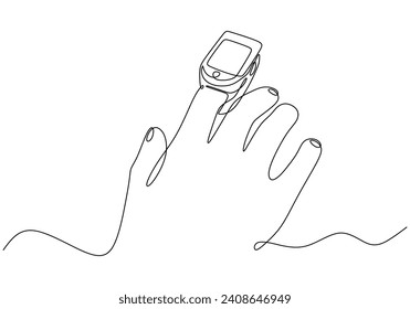 Dibujo continuo de una línea. Mano con oximémetro en el dedo. Dispositivo digital para medir la saturación de oxígeno en humanos.