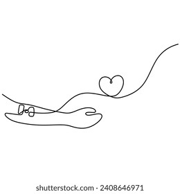 Dibujo continuo de una línea. La mano dona sangre al otro con el corazón. Concepto de caridad vectorial y donación.