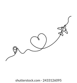Continuous one line art drawing Love airplane route