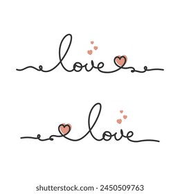 Continuous one line art drawing love text with heart love couple outline artistic isolated vector illustration.