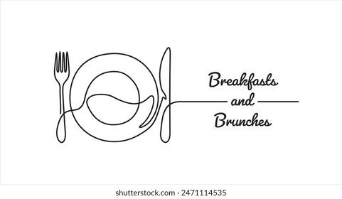 Continuous one line art or One Line Drawing of plate, knife and fork. Restaurant concept hand draw line art design vector illustration for cafe, shop or food delivery service
