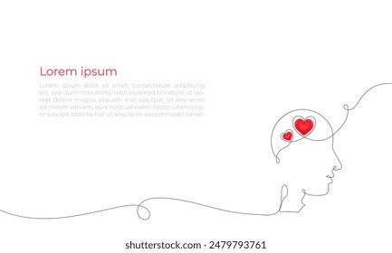 Continuous one line art drawing of human head with a hearts