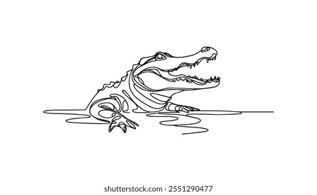 continuous one line art drawing of crocodile in water vector art illustration