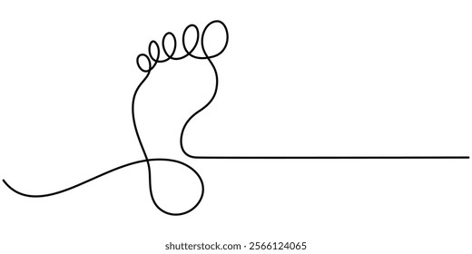 Continuous one line art drawing of human footprint vector, One continuous line drawing of bare foot and footprint. Elegance female feet in simple linear style. Concept of Wellness massage and care.