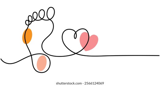 Continuous one line art drawing of human footprint vector, One continuous line drawing of bare foot and footprint. Elegance female feet in simple linear style. Concept of Wellness massage and care.