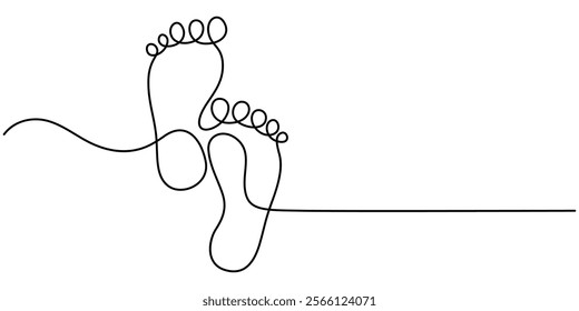 Continuous one line art drawing of human footprint vector, One continuous line drawing of bare foot and footprint. Elegance female feet in simple linear style. Concept of Wellness massage and care.