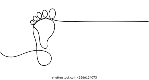 Continuous one line art drawing of human footprint vector, One continuous line drawing of bare foot and footprint. Elegance female feet in simple linear style. Concept of Wellness massage and care.