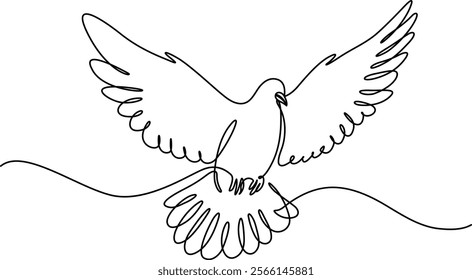 Continuous one line art drawing. Dove bird art. Dove bird fly symbol of peace. Vector illustration isolated. Minimalist design handdrawn.