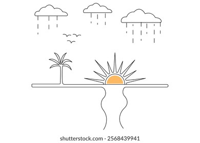 Continuous one line art drawing of sunset vector illustration