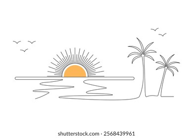 Continuous one line art drawing of sunset vector illustration
