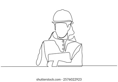 Continuous one line art drawing of female civil engineer vector illustration, Female construction worker. Continuous line style. Hand drawn. One line. Vector design. illustration.