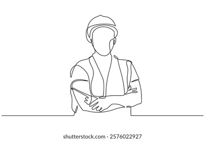 Continuous one line art drawing of female civil engineer vector illustration, Female construction worker. Continuous line style. Hand drawn. One line. Vector design. illustration.