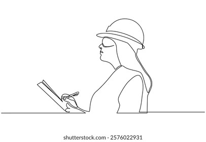 Continuous one line art drawing of female civil engineer vector illustration, Female construction worker. Continuous line style. Hand drawn. One line. Vector design. illustration.