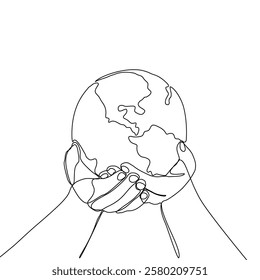 Continuous one line art drawing hands hold Earth globe. Save and protect earth planet linear concept. Vector illustration isolated on white background.