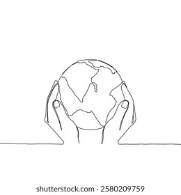 Continuous one line art drawing hands hold Earth globe. Save and protect earth planet linear concept. Vector illustration isolated on white background.