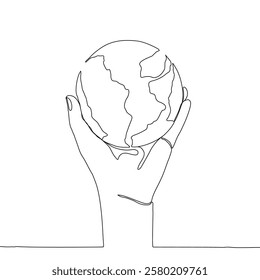 Continuous one line art drawing hands hold Earth globe. Save and protect earth planet linear concept. Vector illustration isolated on white background.