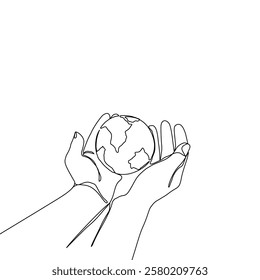 Continuous one line art drawing hands hold Earth globe. Save and protect earth planet linear concept. Vector illustration isolated on white background.