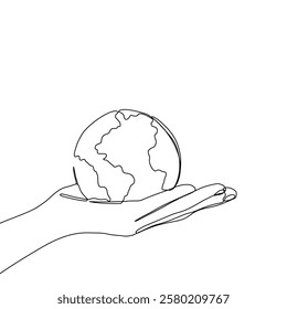 Continuous one line art drawing hands hold Earth globe. Save and protect earth planet linear concept. Vector illustration isolated on white background.