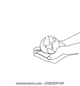 Continuous one line art drawing hands hold Earth globe. Save and protect earth planet linear concept. Vector illustration isolated on white background.