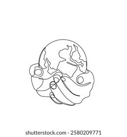 Continuous one line art drawing hands hold Earth globe. Save and protect earth planet linear concept. Vector illustration isolated on white background.