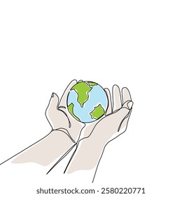 Continuous one line art drawing hands hold Earth globe. Save and protect earth planet linear concept. Vector illustration isolated on white background.