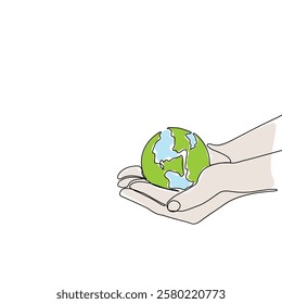 Continuous one line art drawing hands hold Earth globe. Save and protect earth planet linear concept. Vector illustration isolated on white background.