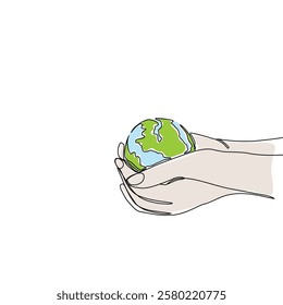 Continuous one line art drawing hands hold Earth globe. Save and protect earth planet linear concept. Vector illustration isolated on white background.