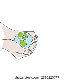 Continuous one line art drawing hands hold Earth globe. Save and protect earth planet linear concept. Vector illustration isolated on white background.