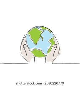 Continuous one line art drawing hands hold Earth globe. Save and protect earth planet linear concept. Vector illustration isolated on white background.