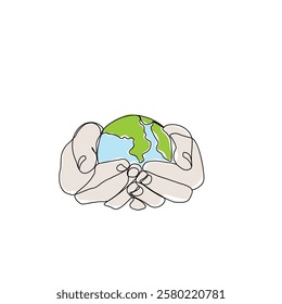 Continuous one line art drawing hands hold Earth globe. Save and protect earth planet linear concept. Vector illustration isolated on white background.