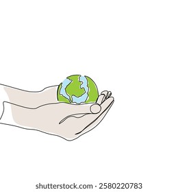 Continuous one line art drawing hands hold Earth globe. Save and protect earth planet linear concept. Vector illustration isolated on white background.