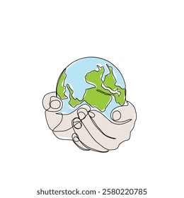 Continuous one line art drawing hands hold Earth globe. Save and protect earth planet linear concept. Vector illustration isolated on white background.