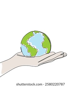 Continuous one line art drawing hands hold Earth globe. Save and protect earth planet linear concept. Vector illustration isolated on white background.