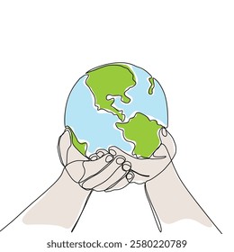 Continuous one line art drawing hands hold Earth globe. Save and protect earth planet linear concept. Vector illustration isolated on white background.