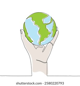 Continuous one line art drawing hands hold Earth globe. Save and protect earth planet linear concept. Vector illustration isolated on white background.