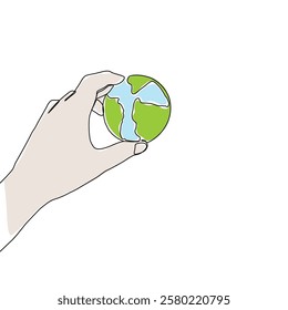 Continuous one line art drawing hands hold Earth globe. Save and protect earth planet linear concept. Vector illustration isolated on white background.