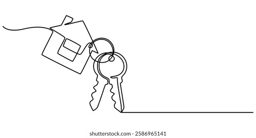 Continuous one line art drawing symbol of house keys, Real Estate Line Icon Vector Design, Single continuous line drawing keychain with key ring, two keys and a pendant house locket. minimal style.