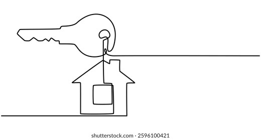  Continuous one line art drawing symbol of house keys, Real Estate Line Icon Vector Design, Continuous One Drawing Real Estate Icons Concept. Single Line Vector Illustration, Continuous one line.