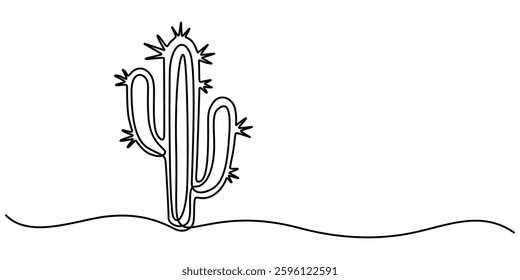 Continuous one line art drawing of cactus illustration, Single one line drawing of dry tropical thorny cactus plant. Printable decorative cacti houseplant concept for home wall decoration ornament. 