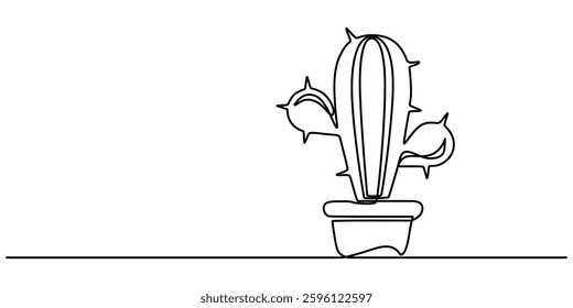 Continuous one line art drawing of cactus illustration, Single one line drawing of dry tropical thorny cactus plant. Printable decorative cacti houseplant concept for home wall decoration ornament. 