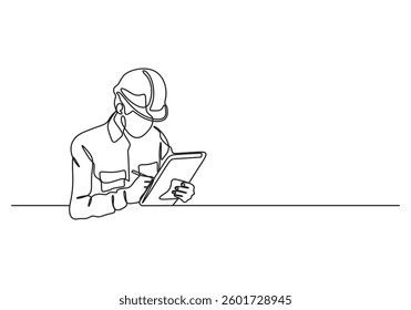 Continuous one line art drawing of female civil engineer vector illustration, Female construction worker. Single line style. Hand drawn. One line. Vector illustration