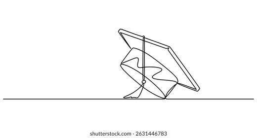 Continuous one line art drawing of graduation hat design vector illustration, Graduation cap and diploma continuous one line drawing. hand drawn line art vector illustration of graduation hat, minimal