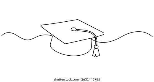 Continuous one line art drawing of graduation hat design vector illustration, Graduation cap and diploma continuous one line drawing. hand drawn line art vector illustration of graduation hat, minimal