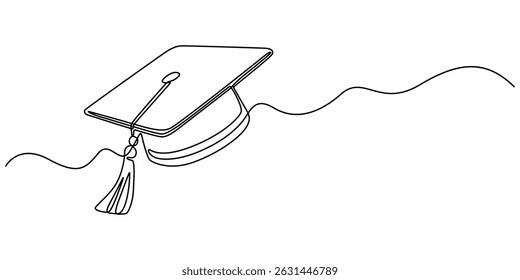 Continuous one line art drawing of graduation hat design vector illustration, Graduation cap and diploma continuous one line drawing. hand drawn line art vector illustration of graduation hat, minimal